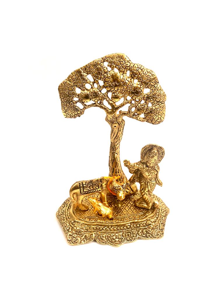 Metal Krishna Under Tree With Standing Mother Child Cow Gifts Tamrapatra