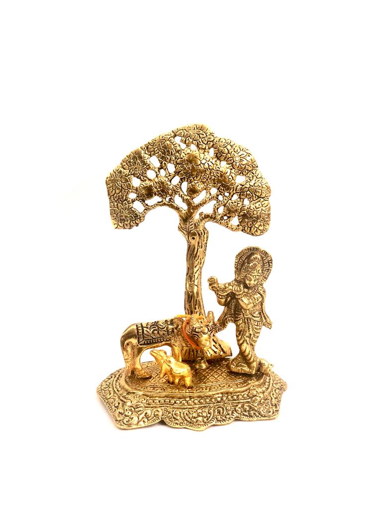 Metal Krishna Under Tree With Standing Mother Child Cow Gifts Tamrapatra