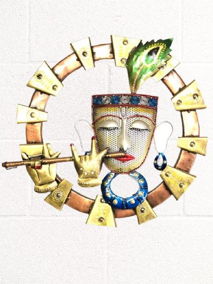New Krishna With Flute Wall Panel Round Metal Craftsmanship By Tamrapatra