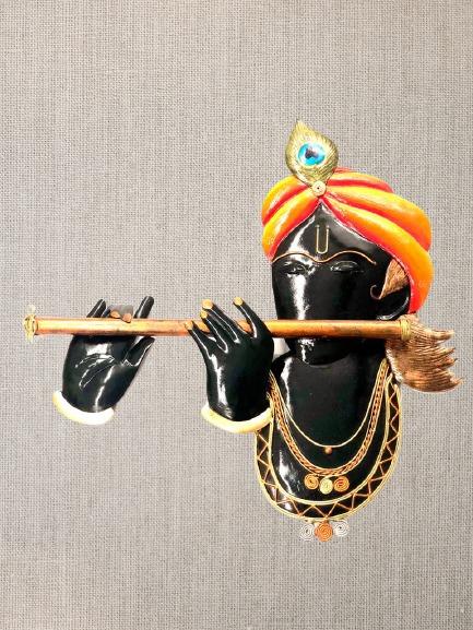 Religious Idol Krishna With Flute In Metal Wall Décor Handpainted By Tarmapatra