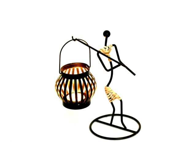 Lady Carrying Basket Metal & Cane Fusion Art Unique Candle Stand Tamrapatra