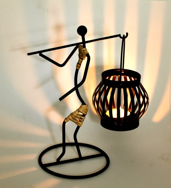 Lady Carrying Basket Metal & Cane Fusion Art Unique Candle Stand Tamrapatra