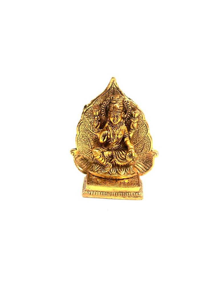 Handcrafted Metal Leaf With Laxmi Ganesh Sarasvati Idols Indian Art Tamrapatra