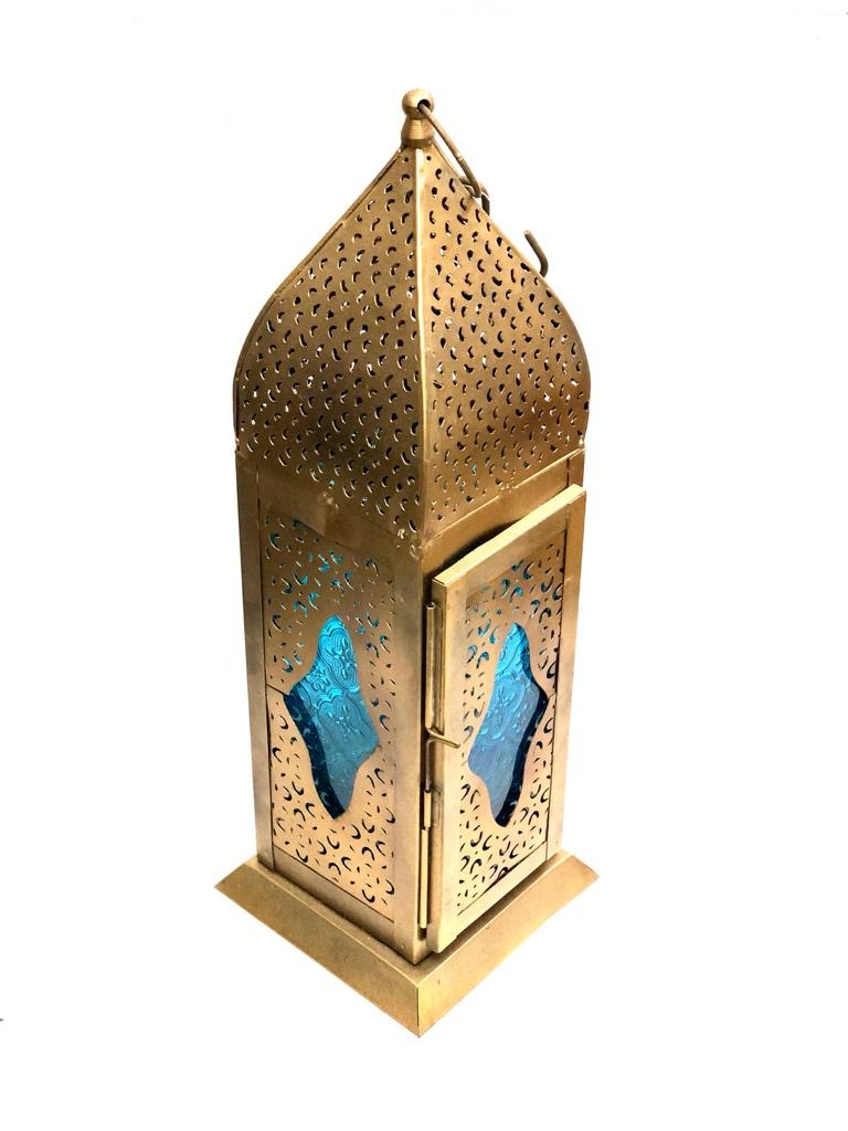 Long Metal Moroccan Style Lamps With Colored Glass Hanging By Tamrapatra