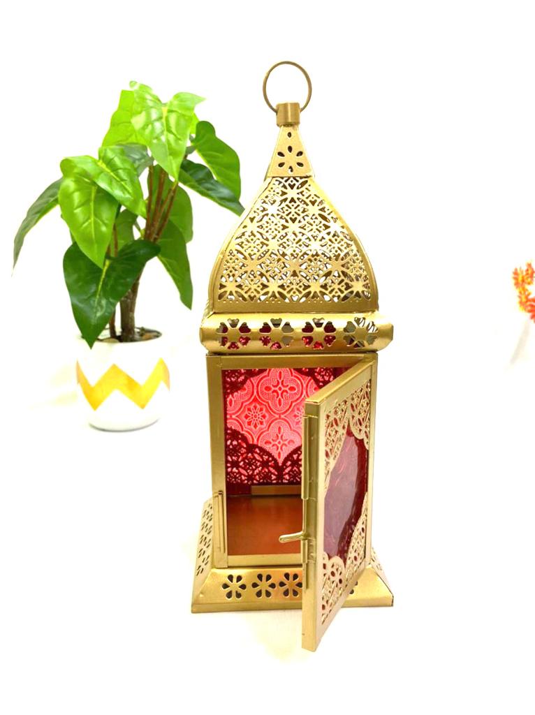 Lantern Gold Painted With Colorful Glass Hanging Candle Holder Tamrapatra