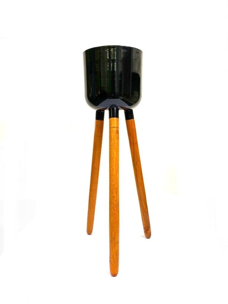Beautiful Metal Planter On Large Wooden Tripod Stand Black Shade Tamrapatra