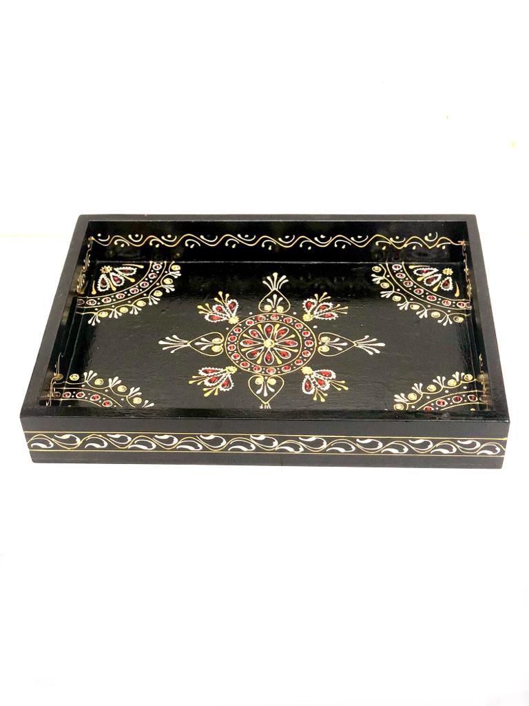 Black Traditional Tray With Kundan work Handcrafted In India From Tamrapatra