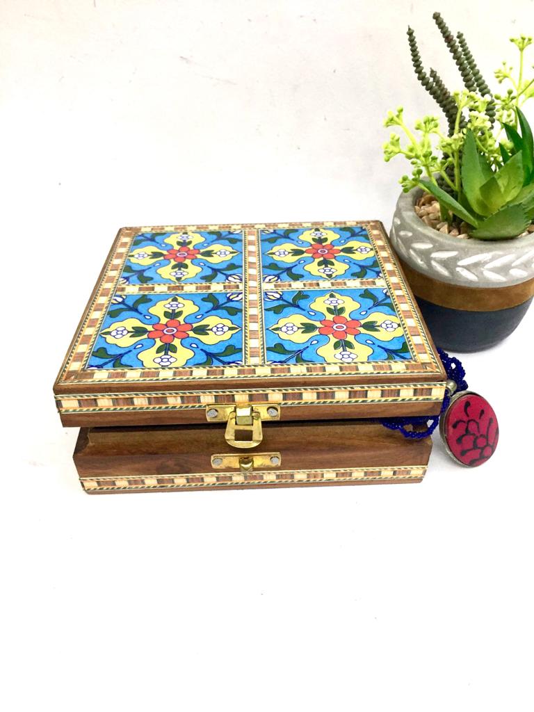 4 Tiles Blue Pottery Wooden Storage Box Handcrafted With Love Tamrapatra