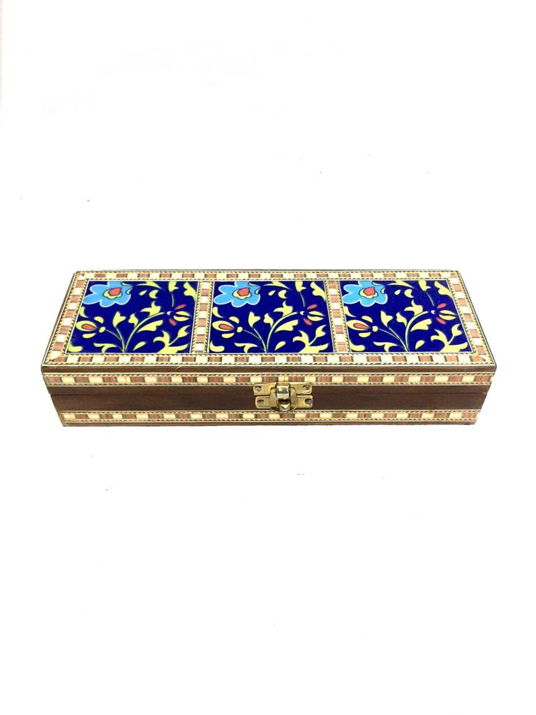 3 Tiles Blue Pottery On Wooden Storage Box With Velvet Interior By Tamrapatra