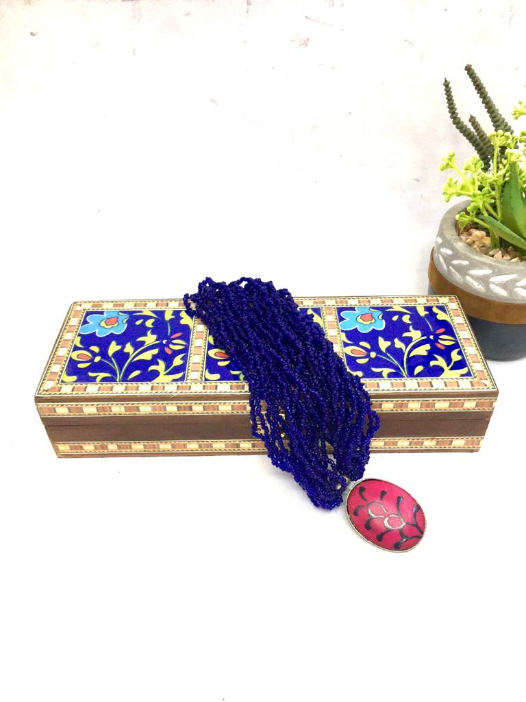 3 Tiles Blue Pottery On Wooden Storage Box With Velvet Interior By Tamrapatra