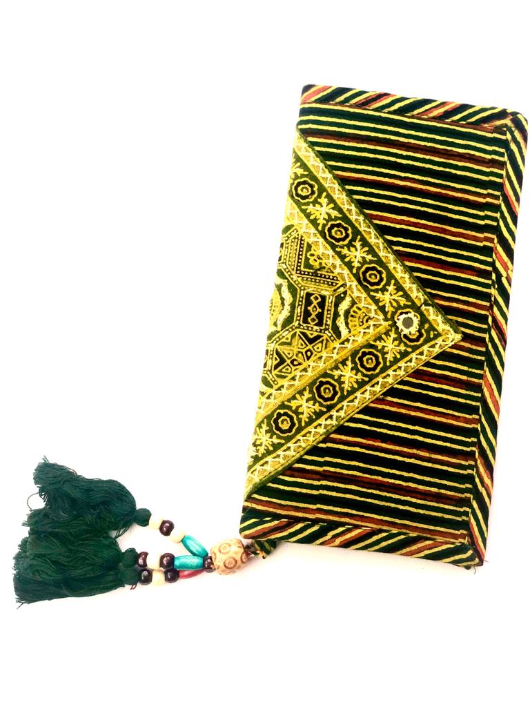 Cotton Embroidery Print Purse With Mirrors Styled With Beads By Tamrapatra
