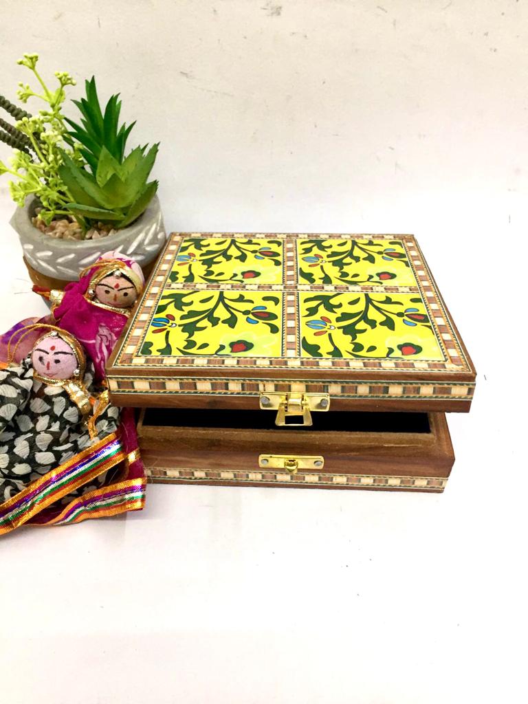 4 Tiles Blue Pottery Wooden Storage Box Handcrafted With Love Tamrapatra