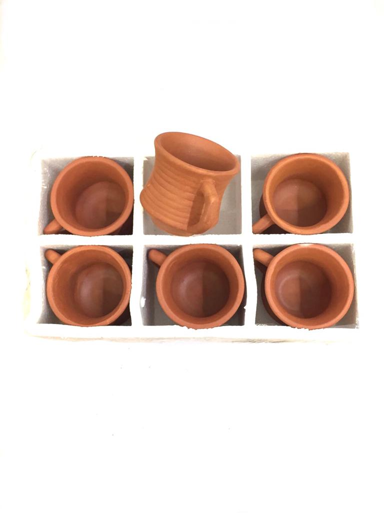 Line Cups Set Of 6 Plain & Glazed Serve Refreshments Earthenware Tamrapatra