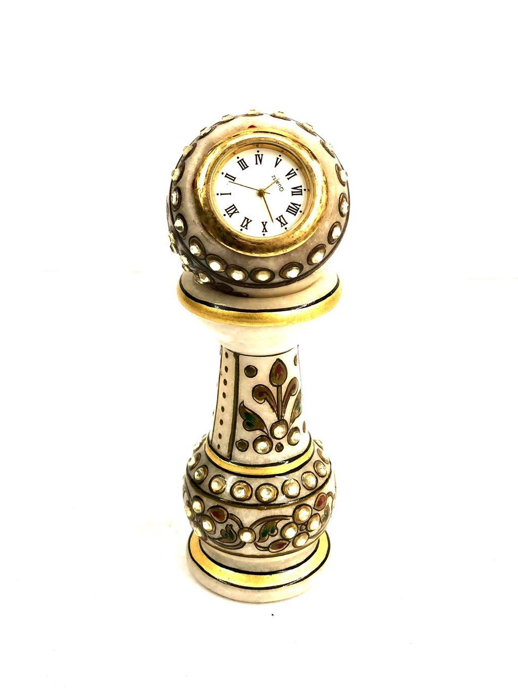 Pillar Style Marble Clock Desk Corporate Utility Souvenir Handcrafted By Tamrapatra