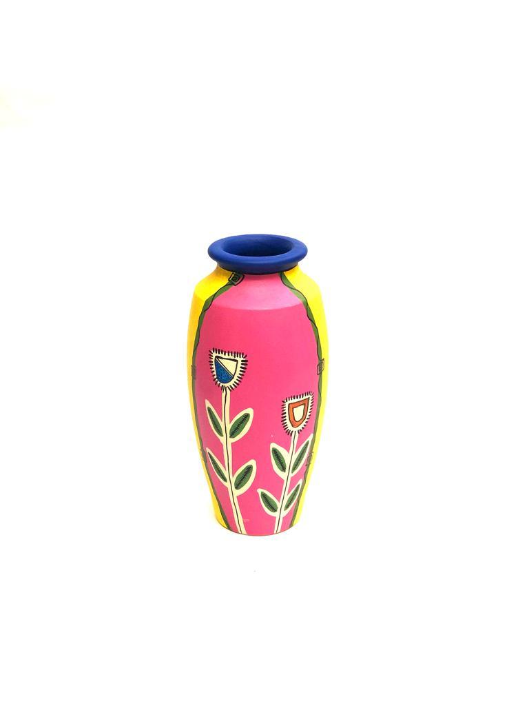 Magenta Yellow Terracotta Pots Hand Painted With Floral Design By Tamrapatra