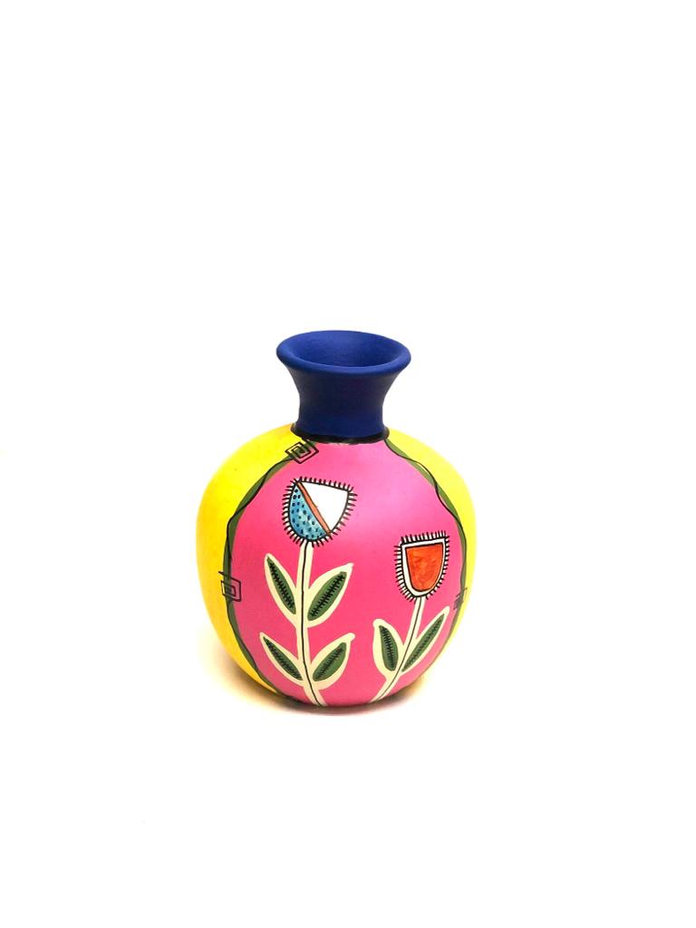 Magenta Yellow Terracotta Pots Hand Painted With Floral Design By Tamrapatra