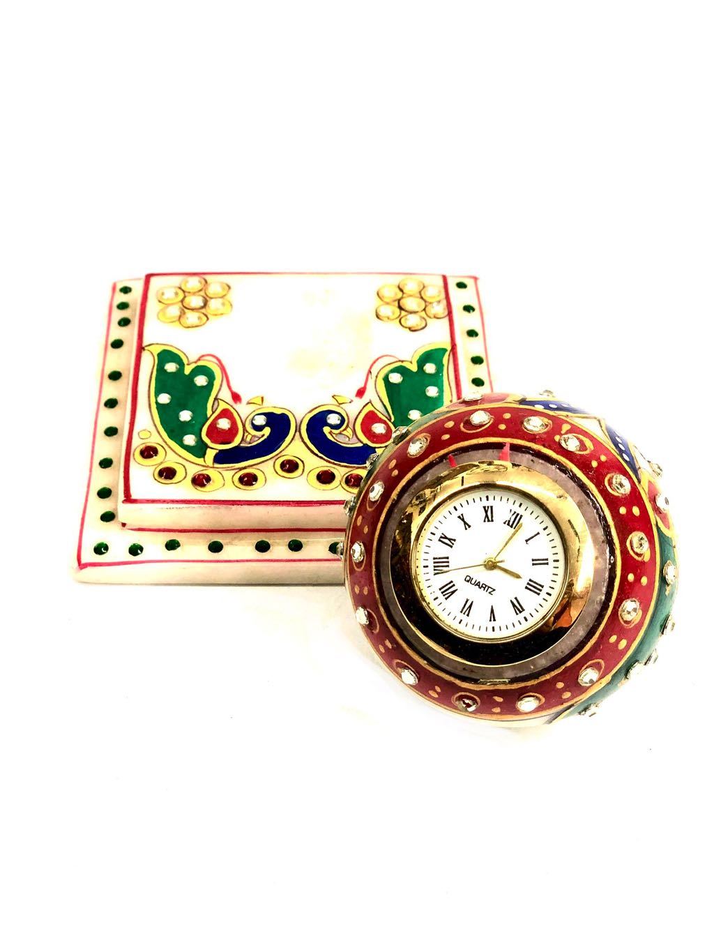 Round Ball Style Clock On Peacock Designed Plate Marble Art Tamrapatra