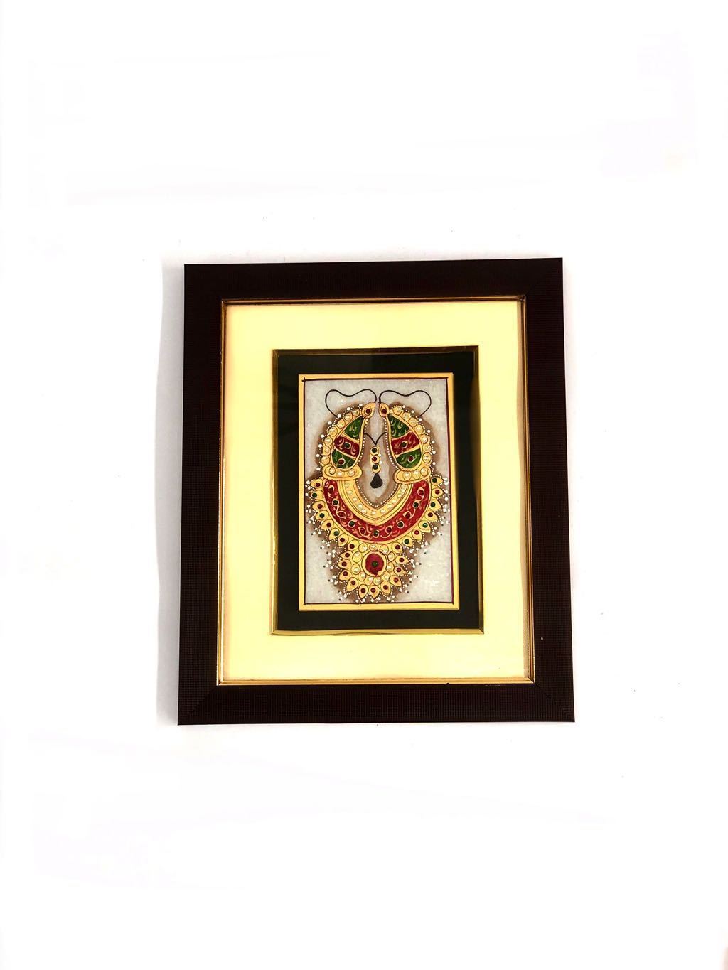 Royal Ornament Style Work On Marble Tile In Wooden Frame Hanging From Tamrapatra