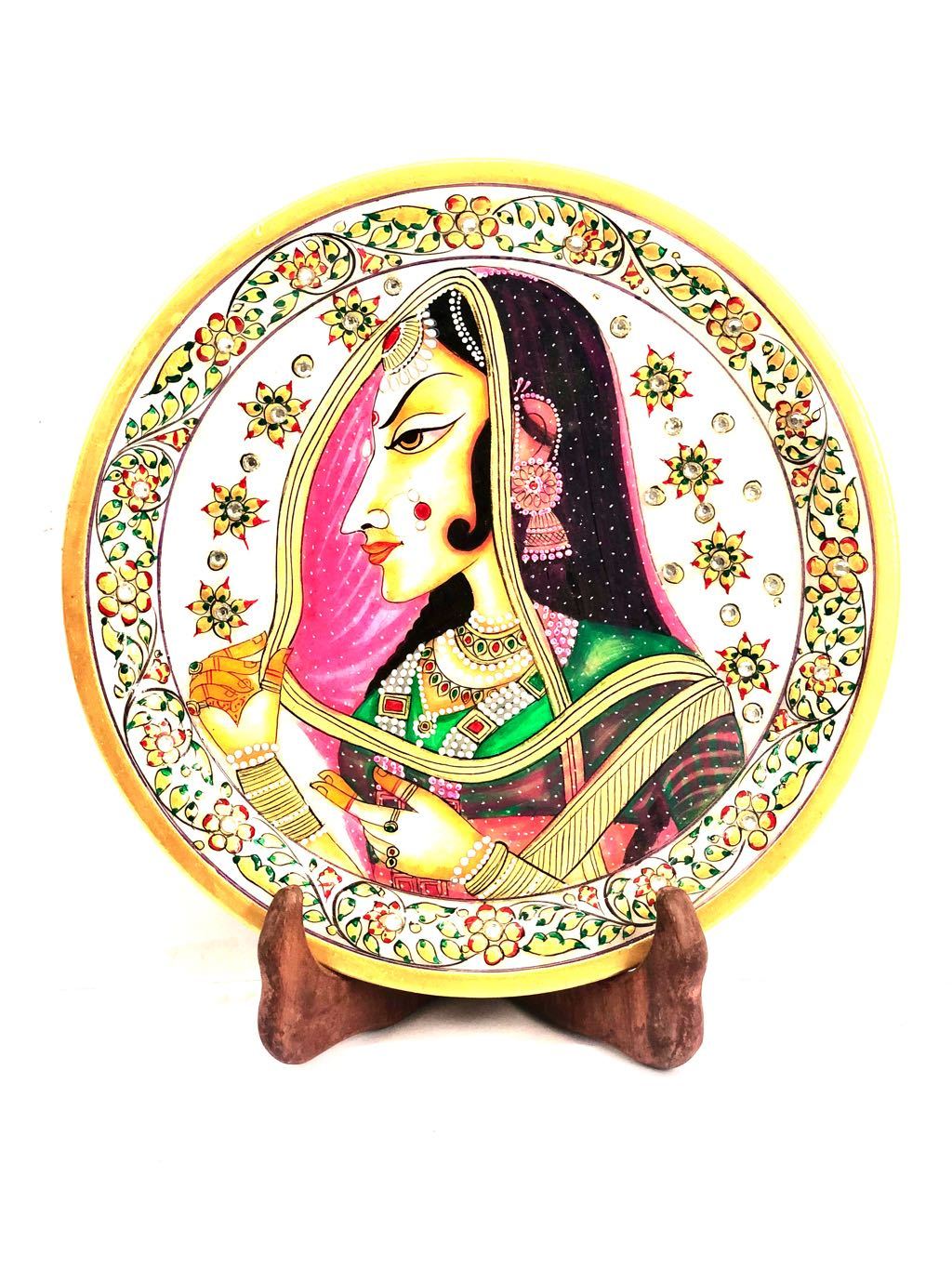 Indian Royal Figures On Marble Art Plates With Wooden Stand From Tamrapatra