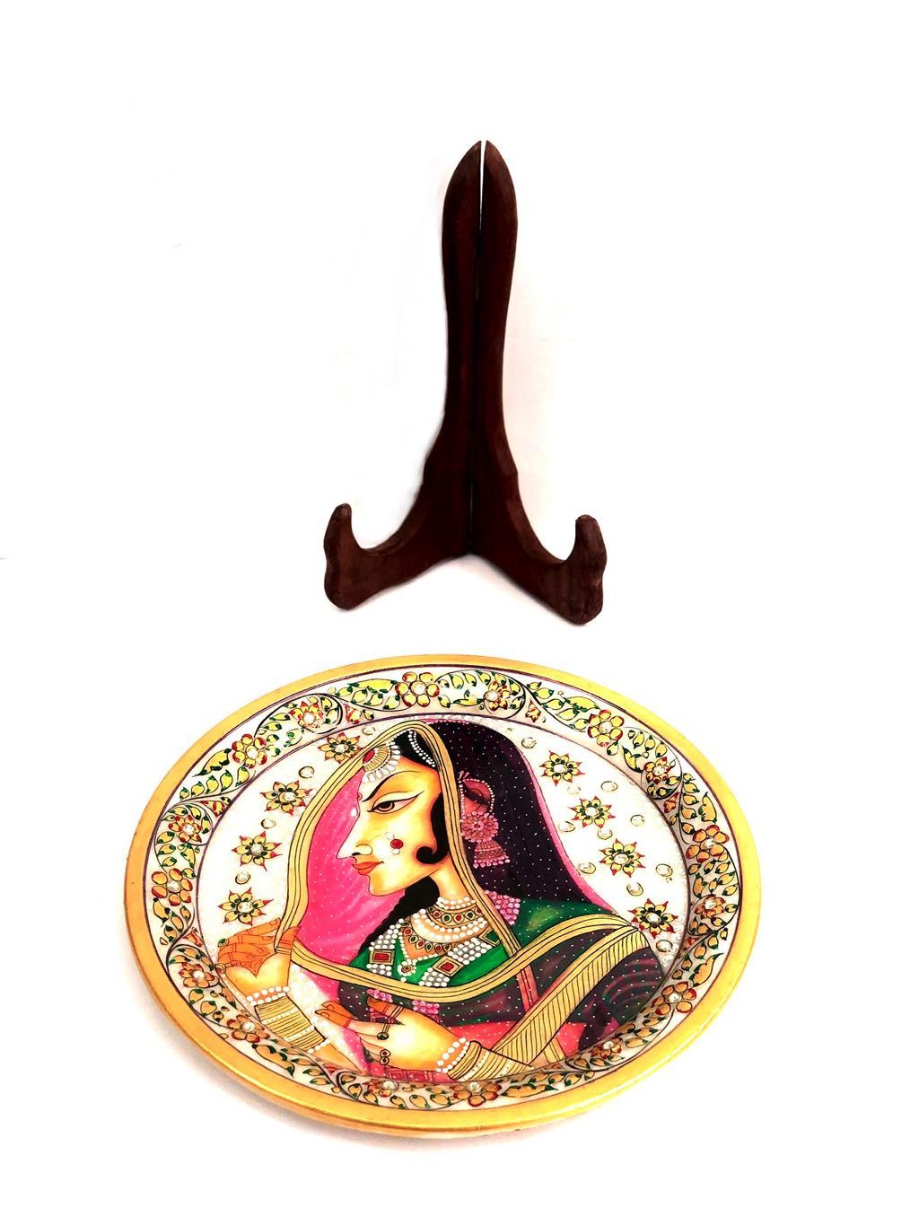 Indian Royal Figures On Marble Art Plates With Wooden Stand From Tamrapatra