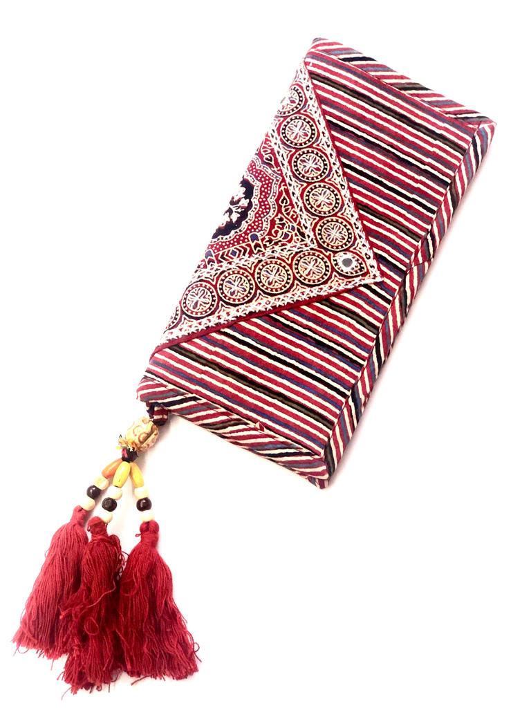 Cotton Embroidery Print Purse With Mirrors Styled With Beads By Tamrapatra