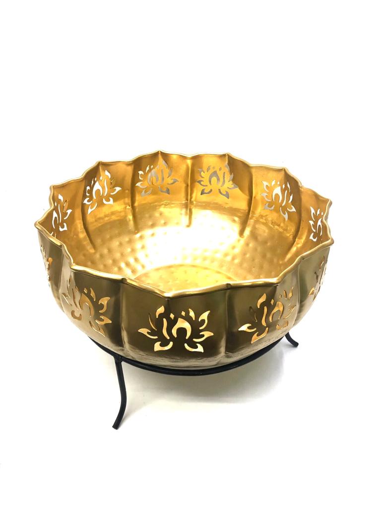 Golden Carving Lotus Metal Flower Pot Urli With Tea Light Holder By Tamrapatra