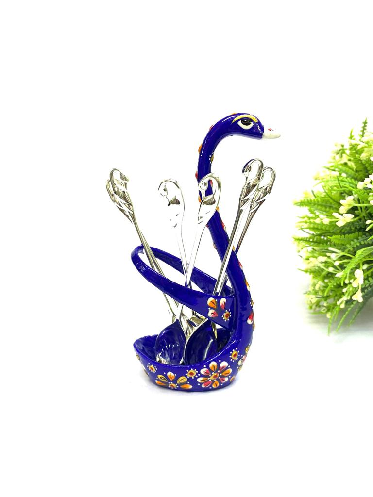 Meenakari Art On Graceful Swan With 6 Spoon Stand Hand Painted  Tamrapatra