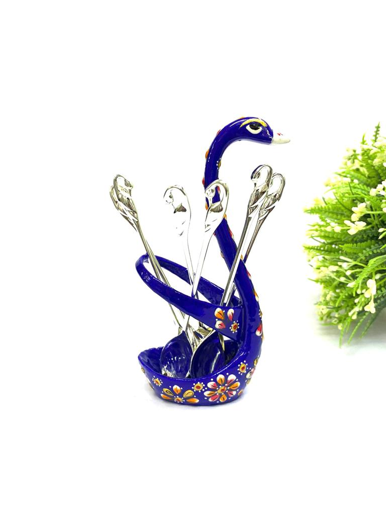 Meenakari Art On Graceful Swan With 6 Spoon Stand Hand Painted Tamrapatra