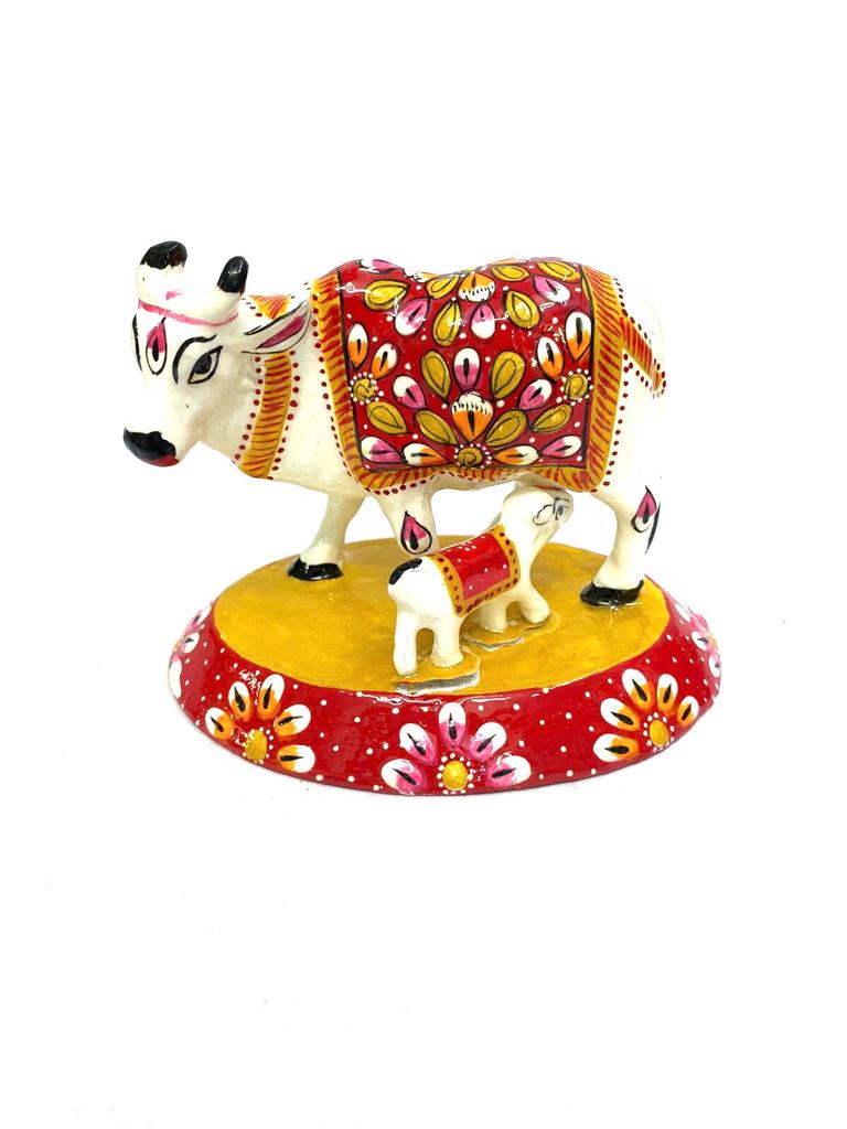 Kamdhenu Metal Cow With Child Exclusive Arts Minakari Artwork By Tamrapatra