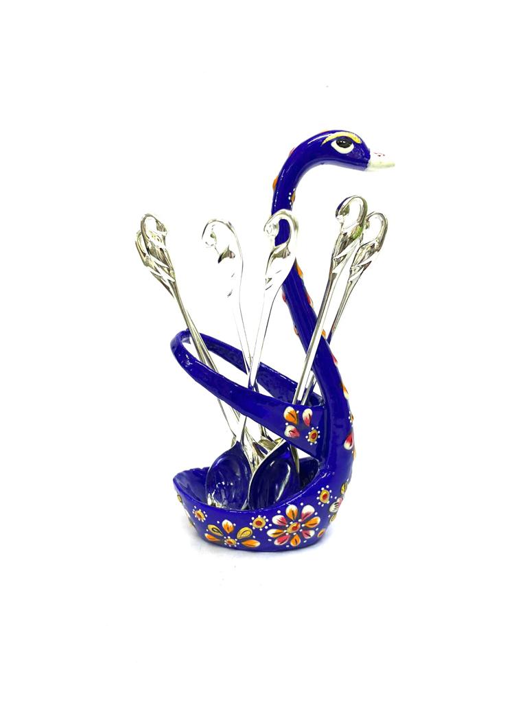 Meenakari Art On Graceful Swan With 6 Spoon Stand Hand Painted Tamrapatra
