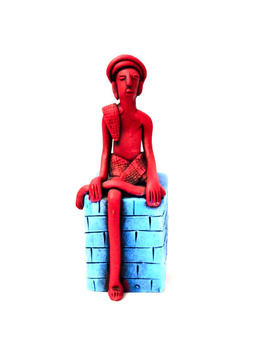 Tribal Man Sitting On Brick Conceptual Sculpture Pottery Tamrapatra - Tamrapatra