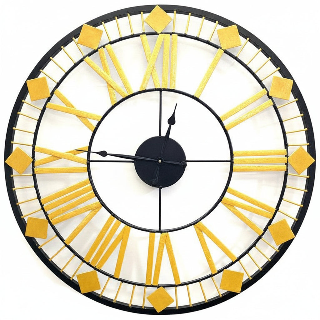 Wall clock with yellow Roman numerals and black frame on a white background