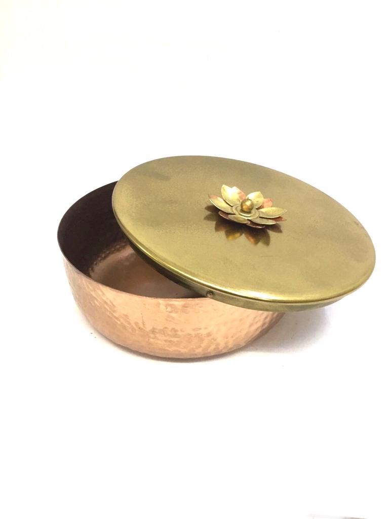 Shades Of Copper & Gold Plated On Metal Jars With Flower Lid Tamrapatra