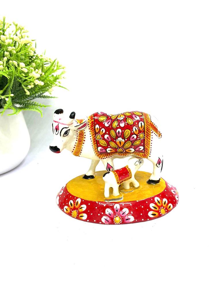 Kamdhenu Metal Cow With Child Exclusive Arts Minakari Artwork By Tamrapatra