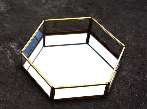 Mirror Tray With Metal Polygon Shaped Platters Handicrafts From Tamrapatra