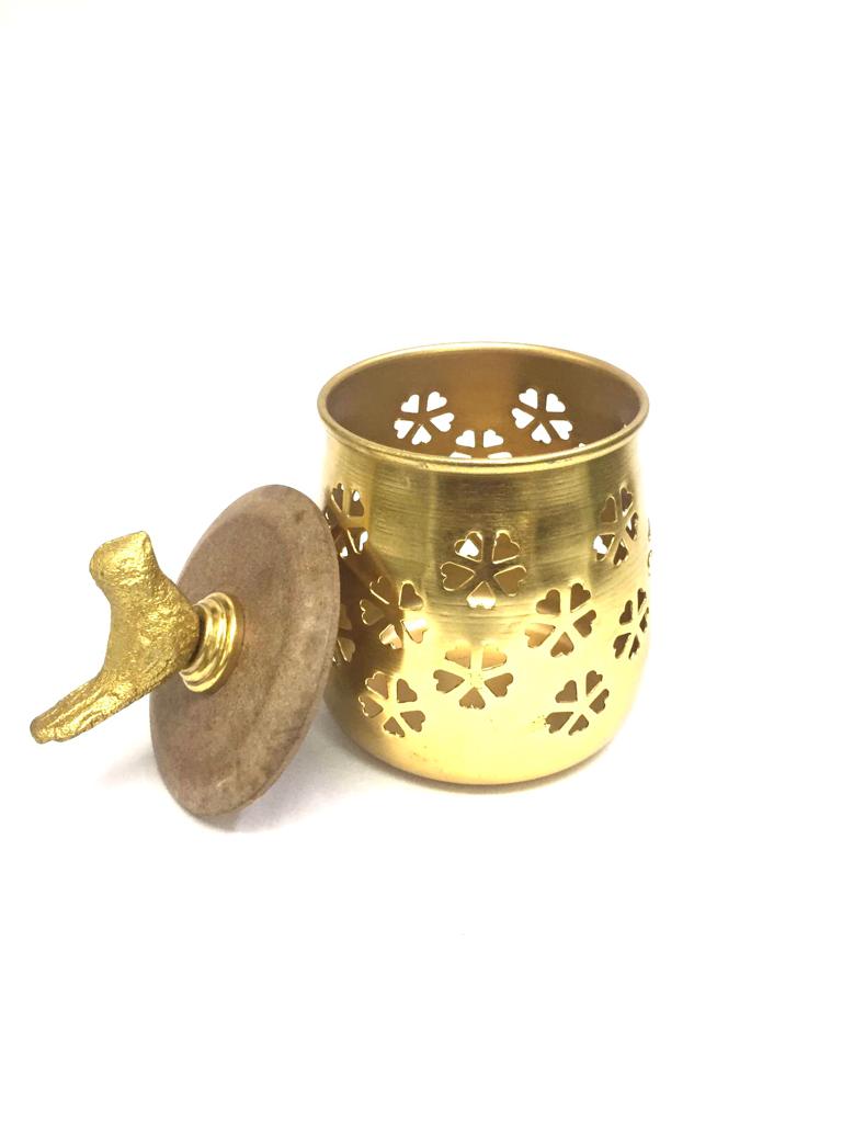 Metal Jars With Flower Carving & Wooden Lid With Bird Exclusively At Tamrapatra