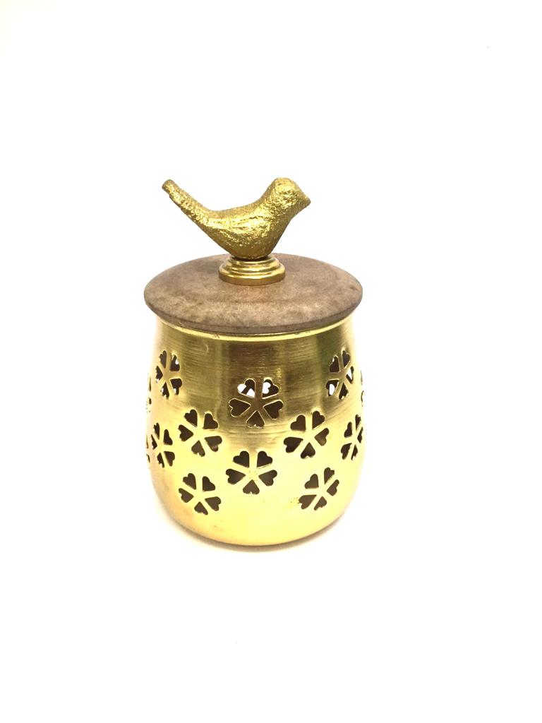 Metal Jars With Flower Carving & Wooden Lid With Bird Exclusively At Tamrapatra