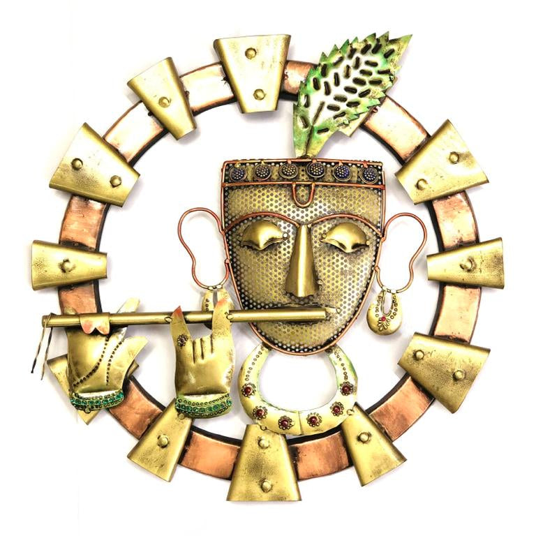 Metal Round Wall Décor Religious Ganesh Krishna Figures Wall Art By Tamrapatra