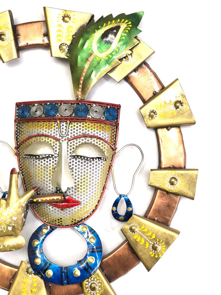 New Krishna With Flute Wall Panel Round Metal Craftsmanship By Tamrapatra