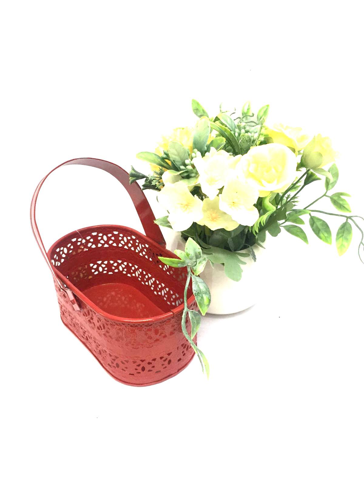 Basket Style Storage Metal Handcrafted With Easy Carry Handle By Tamrapatra