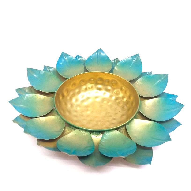 Cyan Blue Green With Golden Touch Unique Shaded Lotus Urli Metal By Tamrapatra