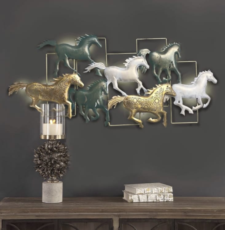 7 Horse Metal Wall Art Handcrafted Decoration In Moroccan Design By Tamrapatra
