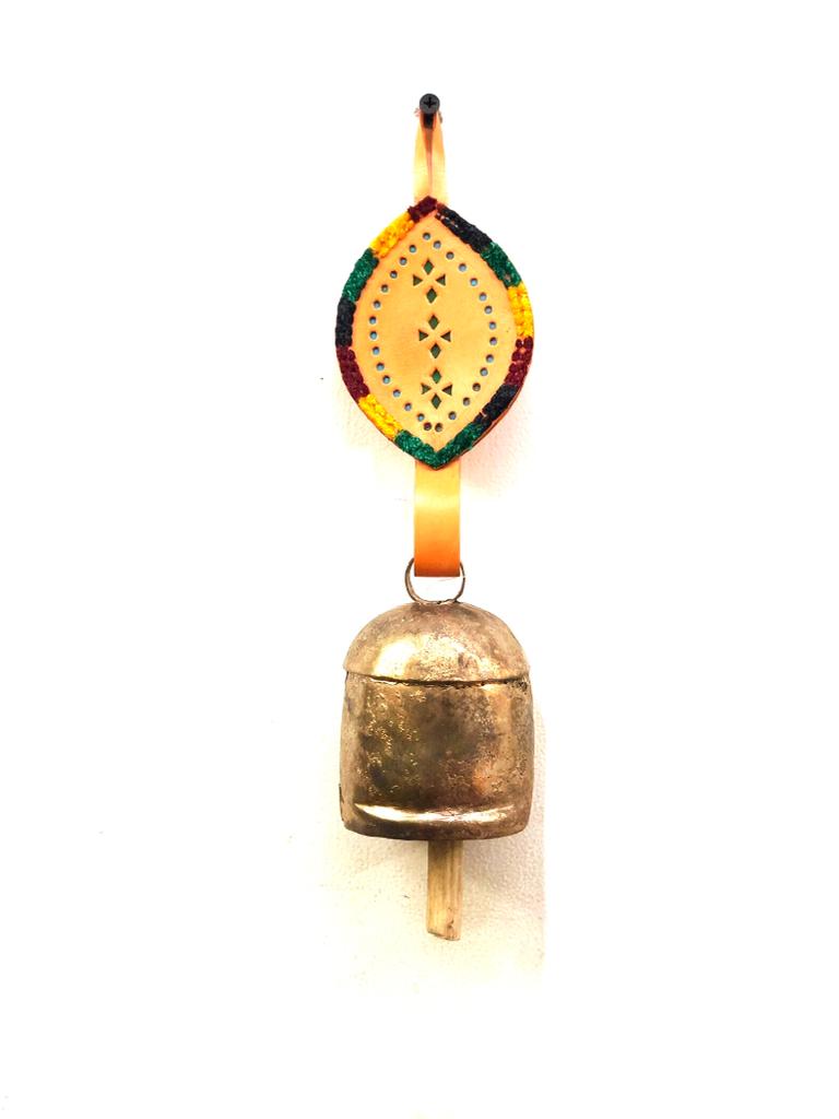 Hanging Metal Bells L Size Decoration With Leather Stitched By Tamrapatra