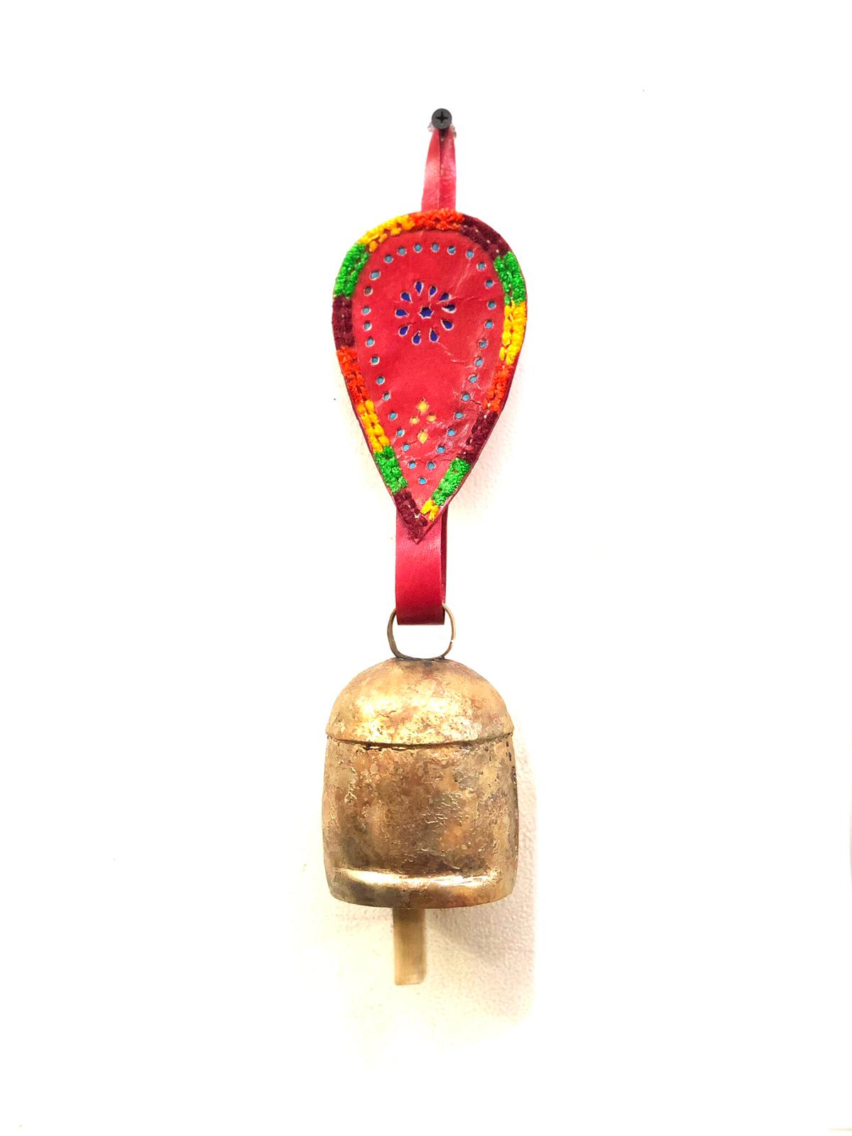Hanging Metal Bells L Size Decoration With Leather Stitched By Tamrapatra