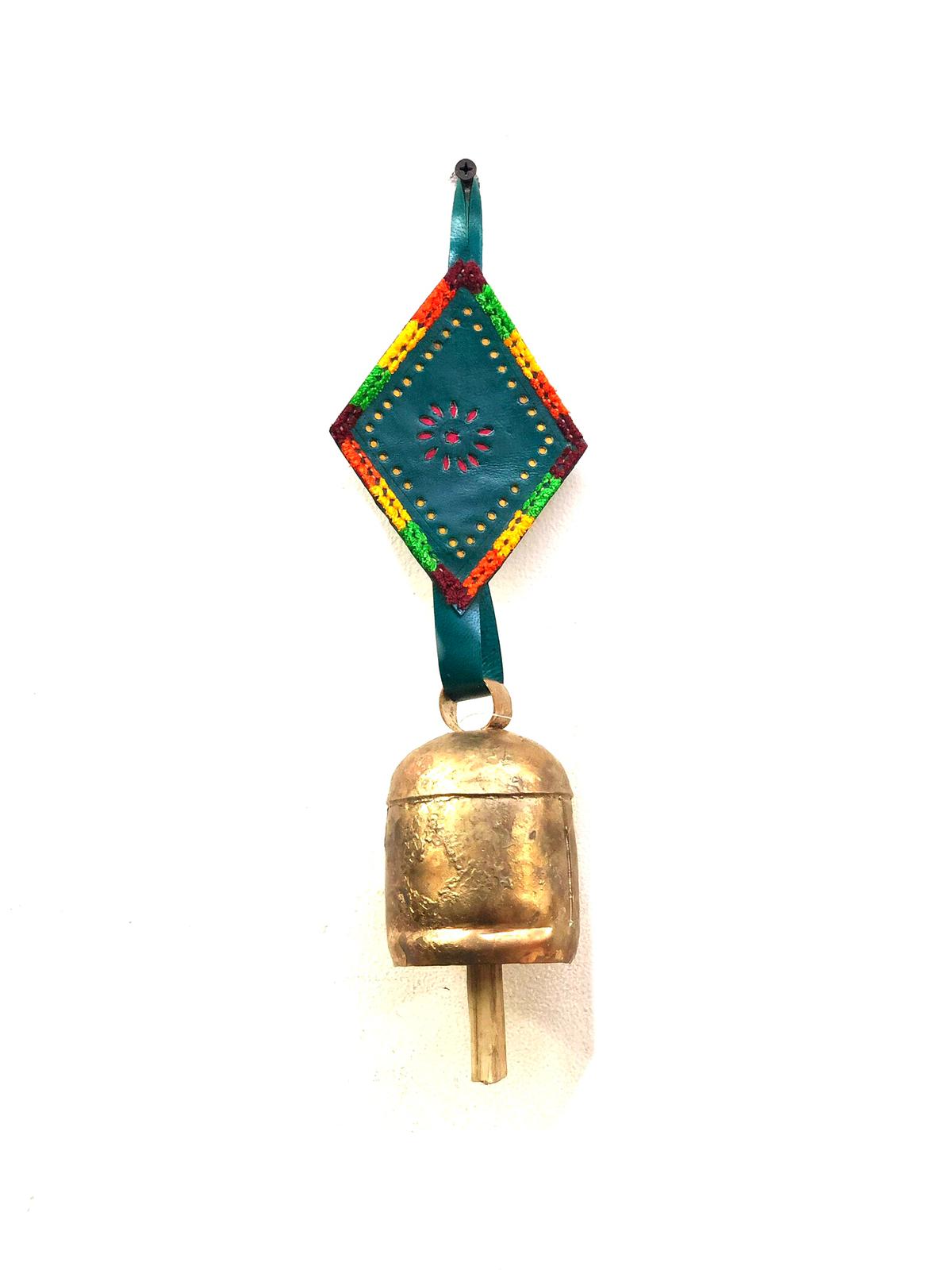 Hanging Metal Bells L Size Decoration With Leather Stitched By Tamrapatra