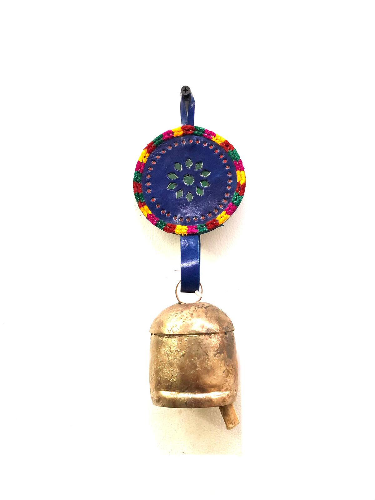 Hanging Metal Bells L Size Decoration With Leather Stitched By Tamrapatra