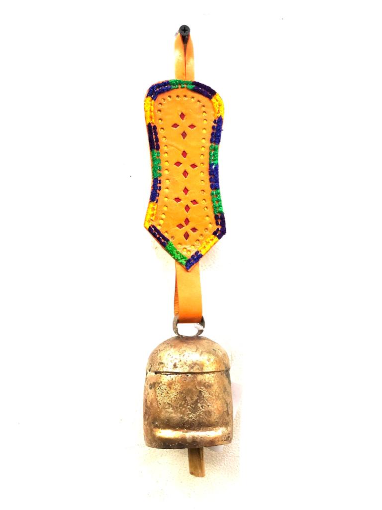 Hanging Metal Bells L Size Decoration With Leather Stitched By Tamrapatra