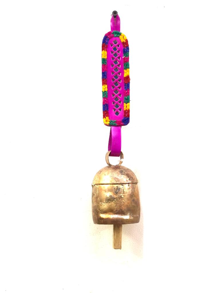 Hanging Metal Bells L Size Decoration With Leather Stitched By Tamrapatra