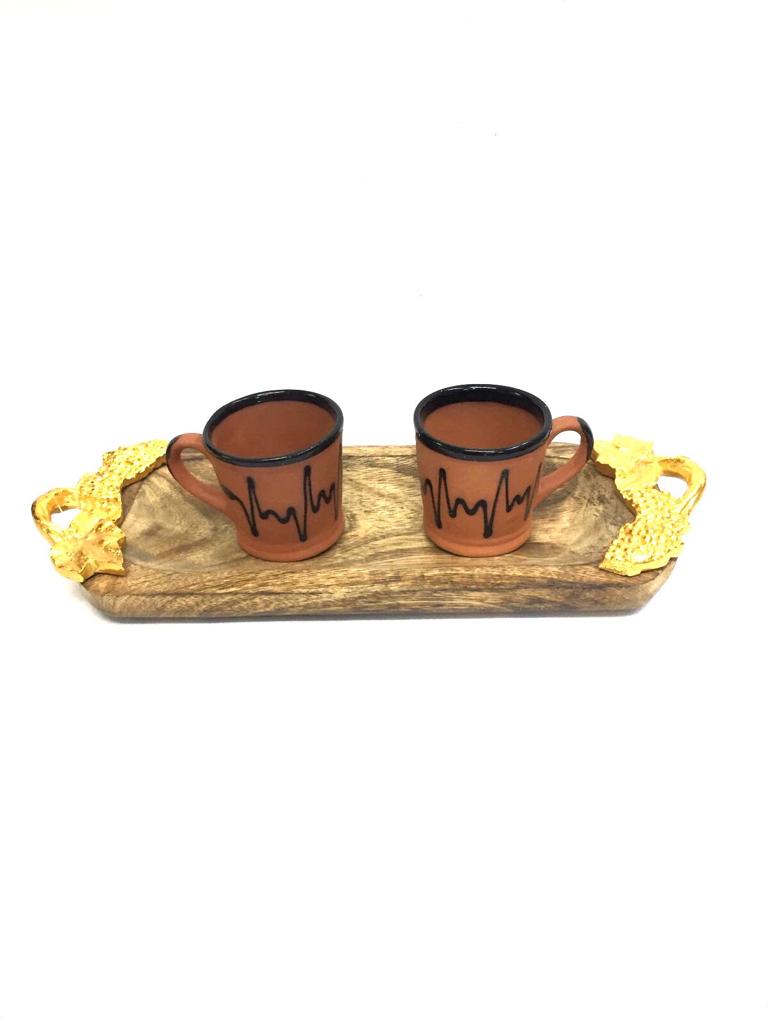 Designer Wooden Platters With Metal Handles Creative Handcrafts Tamrapatra