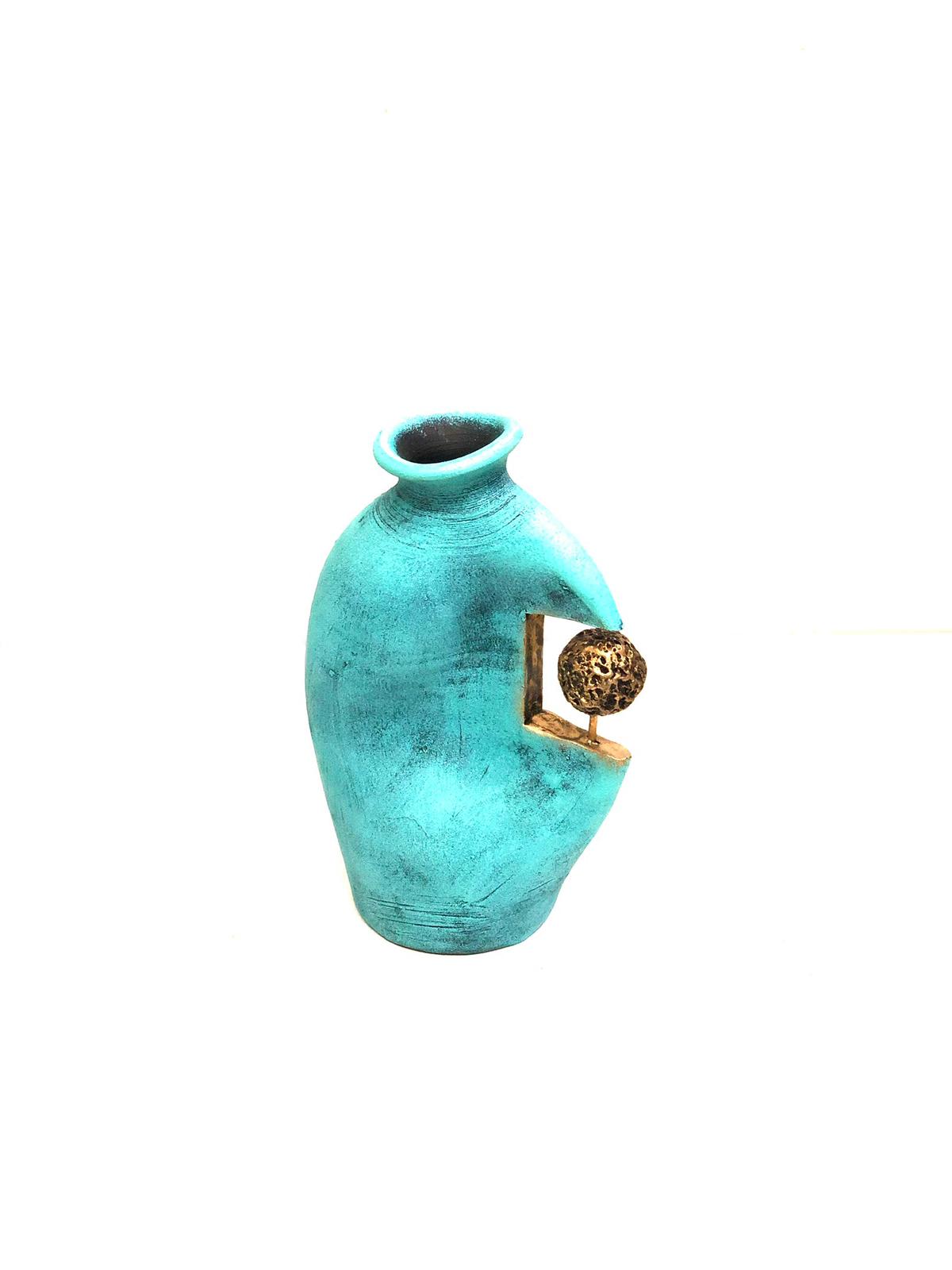 Mint Green With Golden Sculpture Terracotta Pots In Various Designs Tamrapatra